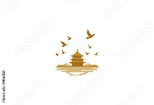 High-Resolution Vector Art Featuring the Temple of Heaven and Doves: A Minimalistic Gold Palette on a White Background for Contemporary Decor