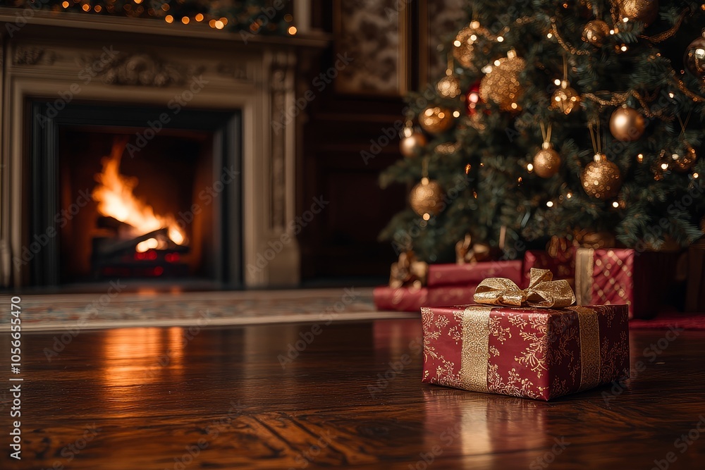 Red and gold-wrapped present in front of an elegant Christmas tree with golden ornaments, next to a glowing fireplace, creating a cozy holiday atmosphere. Red and gold-wrapped present in front of an elegant Christmas tree with golden ornaments, next to a glowing fireplace, creating a cozy holiday atmosphere.