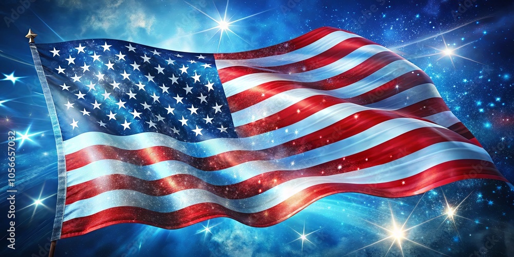 A vibrant American flag, its stars shimmering like celestial bodies, gracefully dances in a cosmic breeze. A vibrant American flag, its stars shimmering like celestial bodies, gracefully dances in a cosmic breeze.