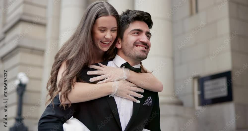 Couple, piggyback and wedding at city hall with laughing, commitment and marriage celebration outdoor. Civil union, people and walking by courthouse for ceremony, relationship or groom carrying bride Couple, piggyback and wedding at city hall with laughing, commitment and marriage celebration outdoor. Civil union, people and walking by courthouse for ceremony, relationship or groom carrying bride