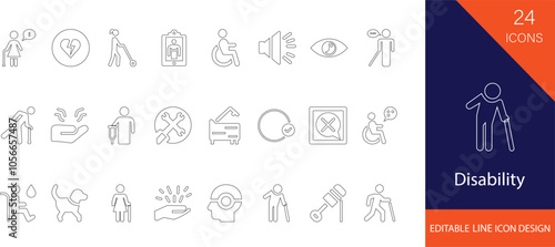 Minimal disability stroke icon set featuring accessibility symbols, mobility aids, assistance signs, inclusive design markers, medical support elements, and ADA outlines.