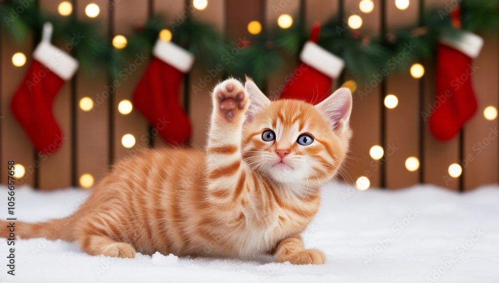 Christmas cat. Playful orange kitten with blue eyes sitting on a snowy surface, reaching up one paw. Christmas stockings, pine branches, and warm, glowing bokeh lights background Christmas cat. Playful orange kitten with blue eyes sitting on a snowy surface, reaching up one paw. Christmas stockings, pine branches, and warm, glowing bokeh lights background