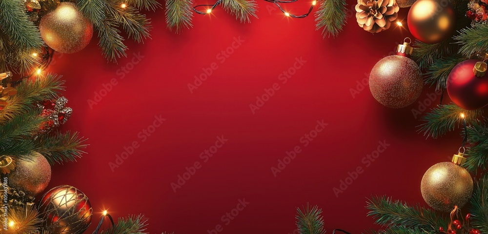 A festive Christmas and New Year banner featuring a rich red background, adorned with golden ornaments, pine branches, and glowing fairy lights. The design leaves ample space in the center for text A festive Christmas and New Year banner featuring a rich red background, adorned with golden ornaments, pine branches, and glowing fairy lights. The design leaves ample space in the center for text