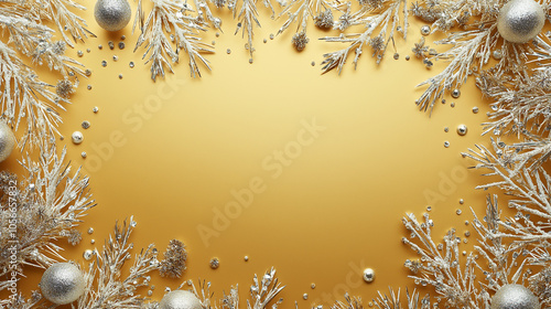 雪の上に黄金色と白のクリスマスツリー、ボケライトとキラキラのオーナメントが落ちているクリスマスの背景。ホリデーグリーティングカードやお祝いの装飾のための冬のシーン。