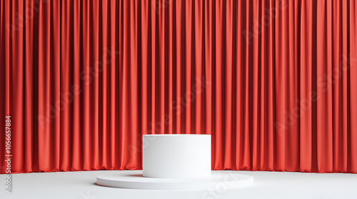 3D illustration portraying a white podium positioned on a stage under a spotlight, set against a backdrop of red curtains, creating a dramatic ambiance for presentations or performances.