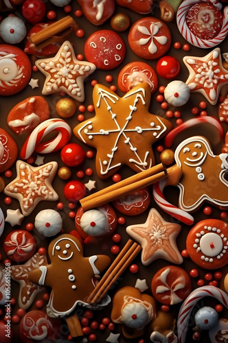 Abstract background with Christmas gingerbread pieces and cookies on brown background. Vertical composition.