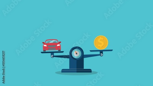 Car and coin on the scale. Vehicle value concept	