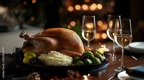 Festive dinner table with turkey and wine photo