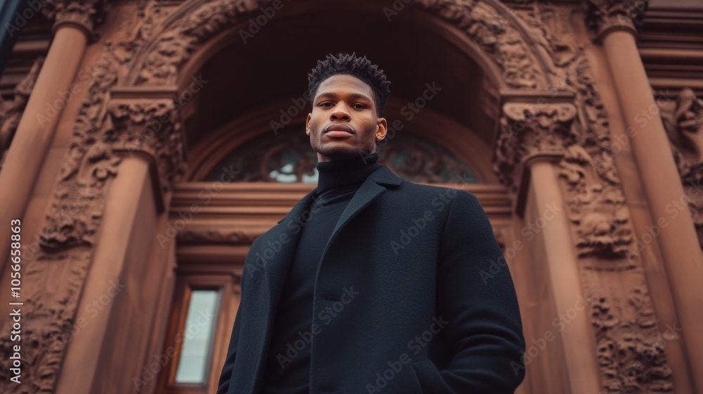 Naklejka premium A man in a black coat stands in front of a building