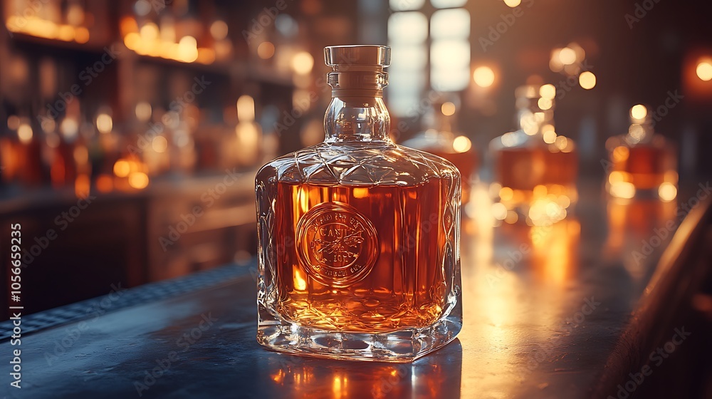High-quality images of illuminated elegant glass bottles of spirits High-quality images of illuminated elegant glass bottles of spirits