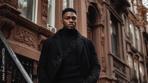 A man in a black coat stands on a sidewalk in front of a building
