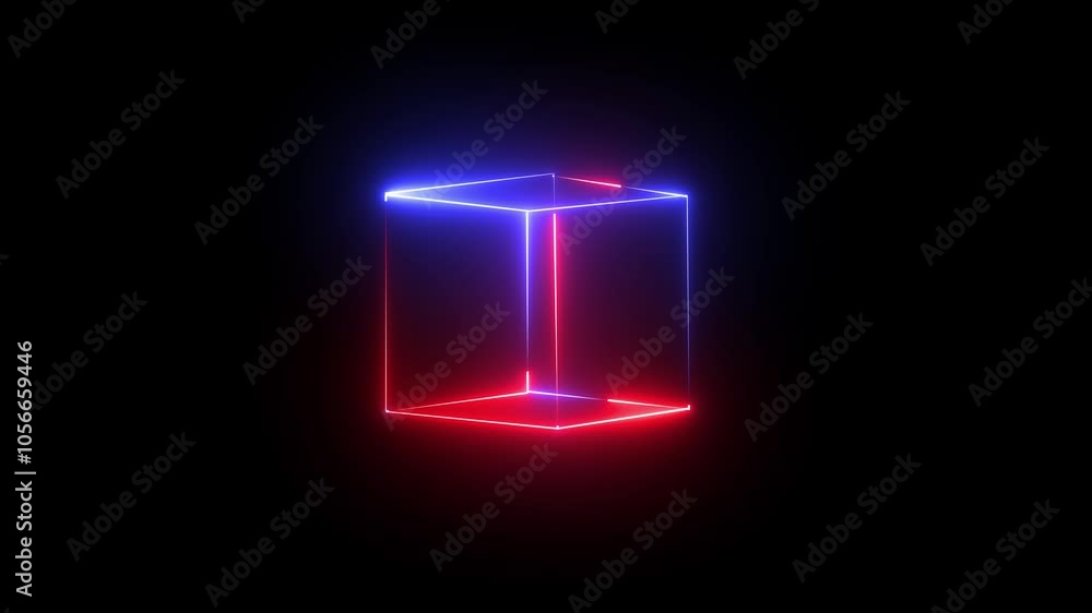 Colored neon glowing box frame in darkness, square magenta grid with magical glow in dark space. Geometric portal with simple futuristic cross section and backlighting Colored neon glowing box frame in darkness, square magenta grid with magical glow in dark space. Geometric portal with simple futuristic cross section and backlighting