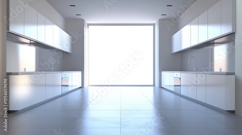 A large kitchen with white cabinets and a window. The kitchen is empty and has a clean, modern look