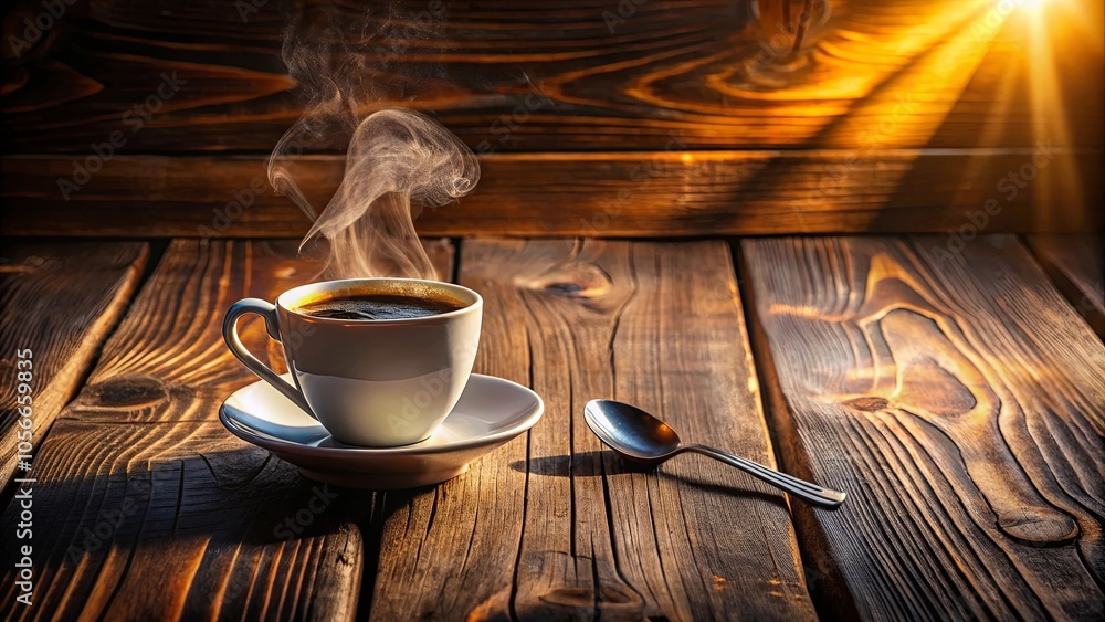 A steaming cup of coffee sits on a wooden table in a warm light setting. The light shines through the wood grain, casting long shadows. A steaming cup of coffee sits on a wooden table in a warm light setting. The light shines through the wood grain, casting long shadows.