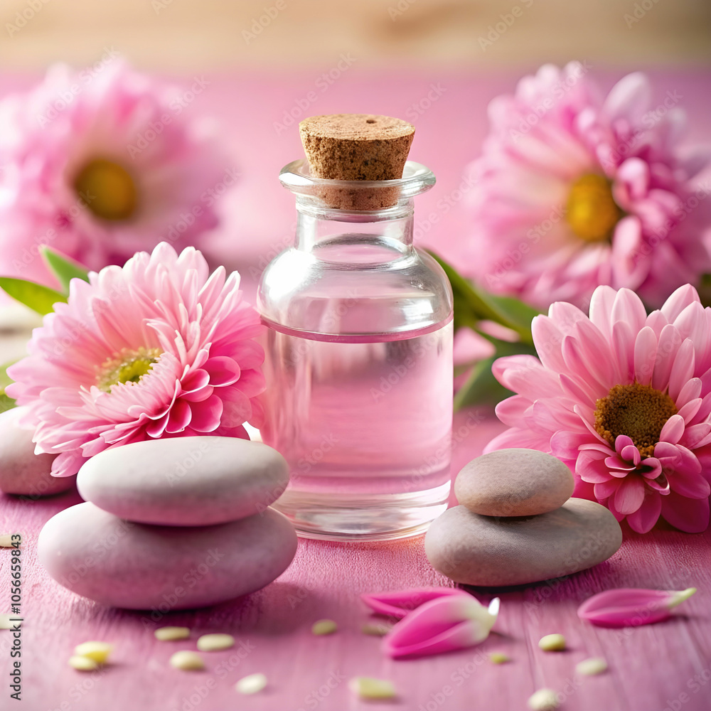 fresh pink flower spa stones and closed bottle fresh pink flower spa stones and closed bottle