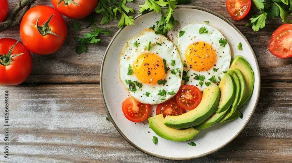 A delicious breakfast spread featuring toasted bread, avocado slices, poached eggs, and cherry A delicious breakfast spread featuring toasted bread, avocado slices, poached eggs, and cherry