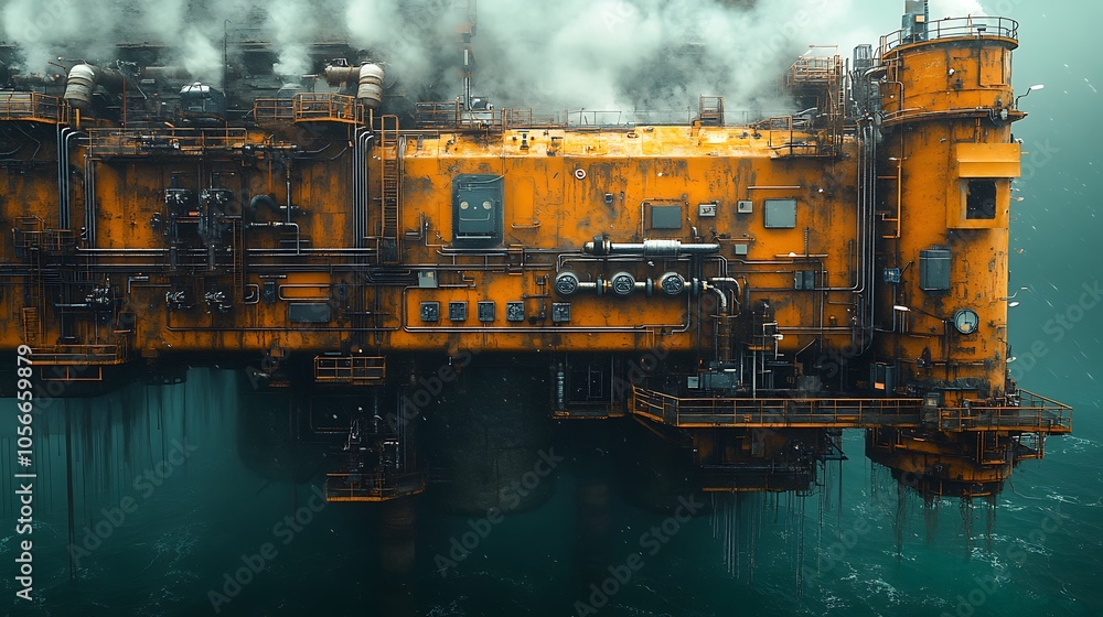 A rusted, futuristic, steampunk-style flying ship with smoke billowing from its chimneys floats above a churning sea. A rusted, futuristic, steampunk-style flying ship with smoke billowing from its chimneys floats above a churning sea.