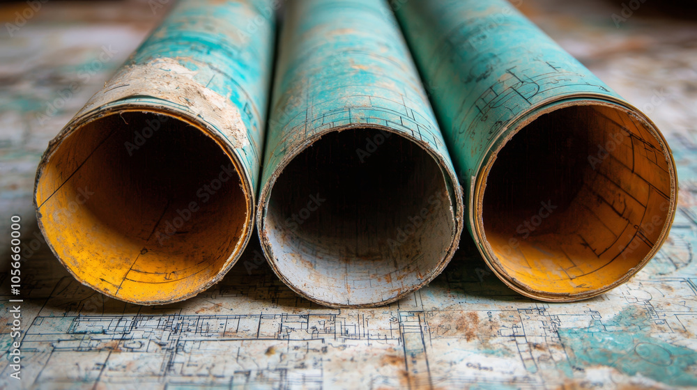Old blueprints rolled up on table, showcasing urban planning designs and eco friendly concepts. worn texture adds vintage feel to scene Old blueprints rolled up on table, showcasing urban planning designs and eco friendly concepts. worn texture adds vintage feel to scene
