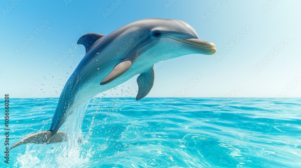 Obraz premium Dynamic Leap: Playful Dolphin in Crystal-Clear Waters - Ultra-Detailed Portrait of a Vibrant Marine Creature Enjoying the Sunlight