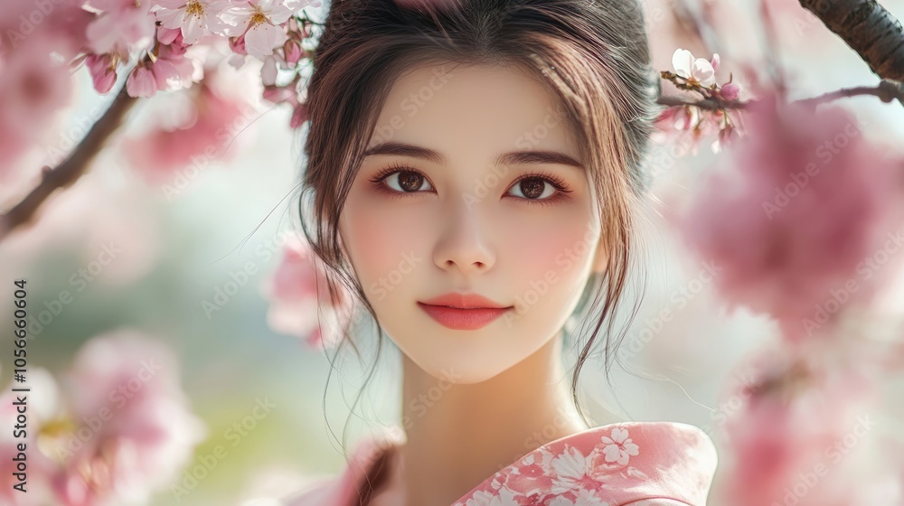 Surrounded by delicate cherry blossoms, an Asian girl stands gracefully in a flowing silk kimono in a spring garden. Surrounded by delicate cherry blossoms, an Asian girl stands gracefully in a flowing silk kimono in a spring garden.