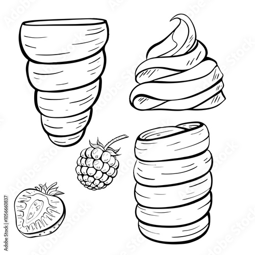 Delicious Desserts Featuring Ice Cream and Fruit Illustrations for Everyone to Enjoy. Vector sketch illustration. 