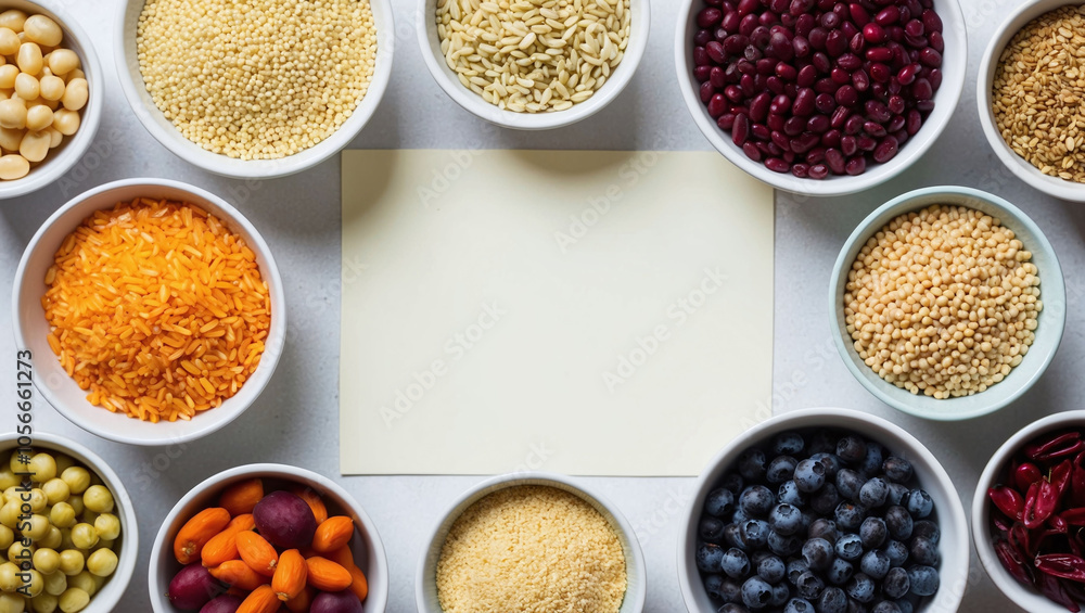 Organic grains and legumes in small bowls leaving a clean space in the middle for writing Organic grains and legumes in small bowls leaving a clean space in the middle for writing