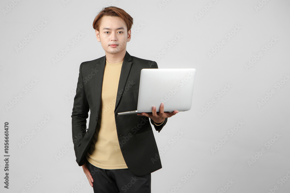 portrait of happy asian businessman holding laptop computer wearing suit on isolated background portrait of happy asian businessman holding laptop computer wearing suit on isolated background