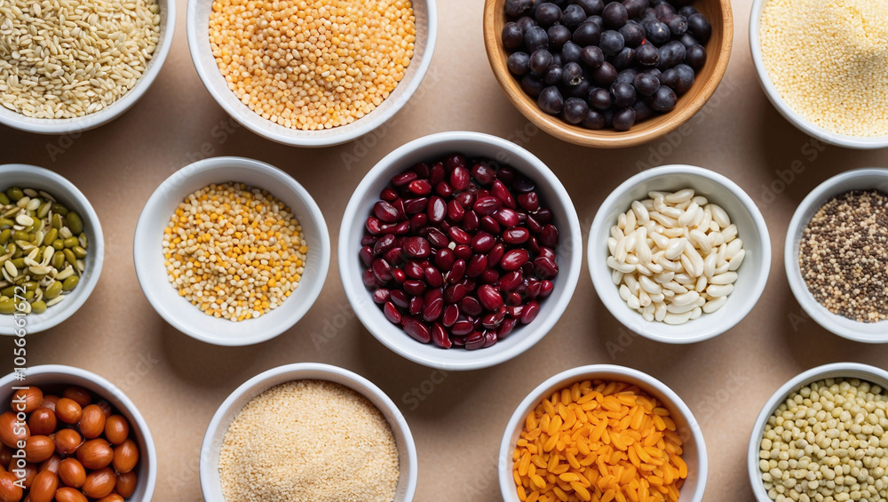 Organic grains and legumes in small containers leaving a clean area for text Organic grains and legumes in small containers leaving a clean area for text