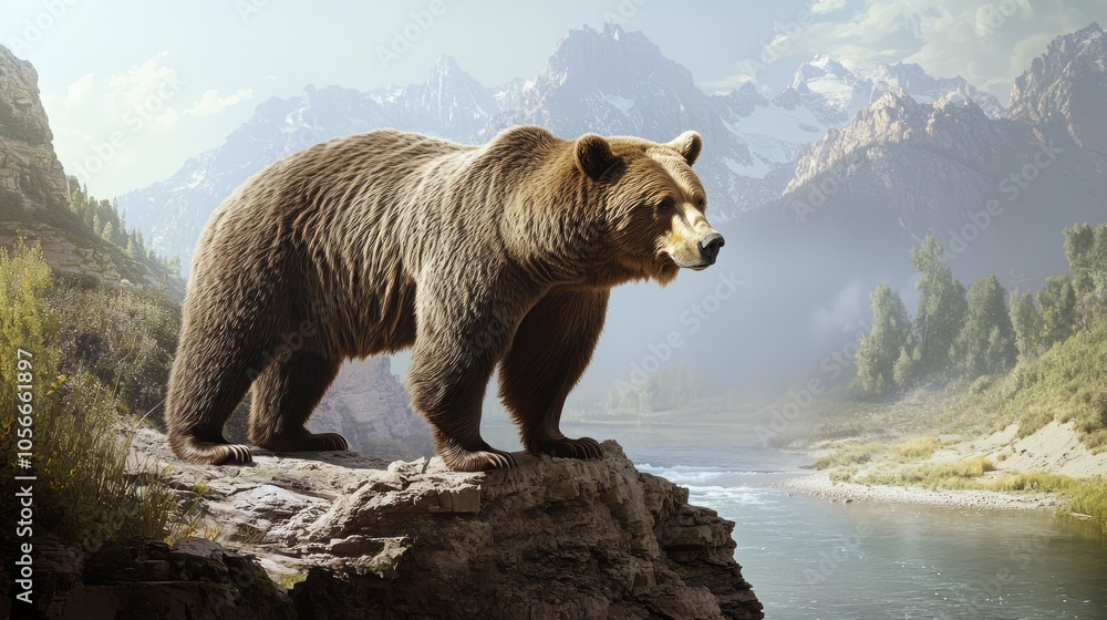 Majestic Grizzly Bear Overlooking Serene River with Dramatic Mountain Range - Ultra-Detailed Wildlife Portrait with Texture and Strength Majestic Grizzly Bear Overlooking Serene River with Dramatic Mountain Range - Ultra-Detailed Wildlife Portrait with Texture and Strength