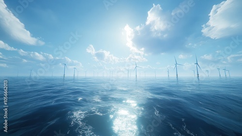 Wind turbines stand tall in a vast ocean, their blades spinning against a backdrop of blue sky and puffy clouds. The sun reflects off the water, creating a bright spot in the distance.