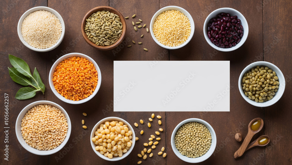Organic grains and legumes in small bowls with a blank area in the middle for writing Organic grains and legumes in small bowls with a blank area in the middle for writing