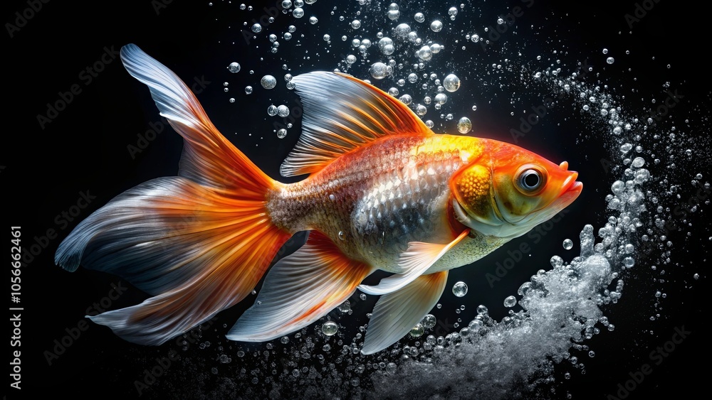 A vibrant goldfish with a long flowing tail gracefully navigates a serene underwater world, surrounded by a delicate cascade of shimmering bubbles against a backdrop of deep black. A vibrant goldfish with a long flowing tail gracefully navigates a serene underwater world, surrounded by a delicate cascade of shimmering bubbles against a backdrop of deep black.