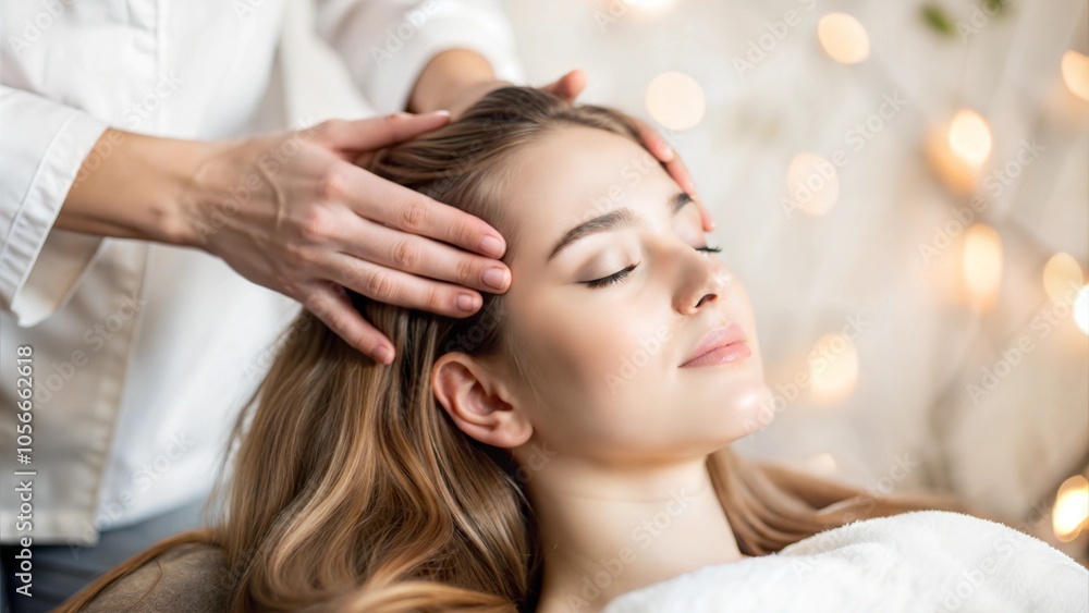 Fototapeta premium Hands Performing Relaxing Scalp Massage with Soft, Warm Lighting