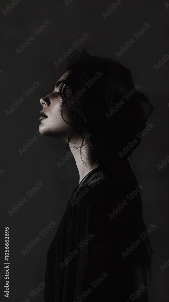 Dramatic Black and White Portrait of a Woman in Profile Dramatic Black and White Portrait of a Woman in Profile