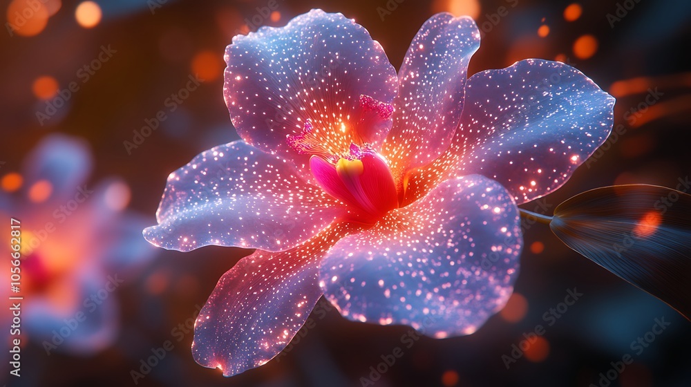 A close-up of a glowing orchid flower with a blurred background. A close-up of a glowing orchid flower with a blurred background.