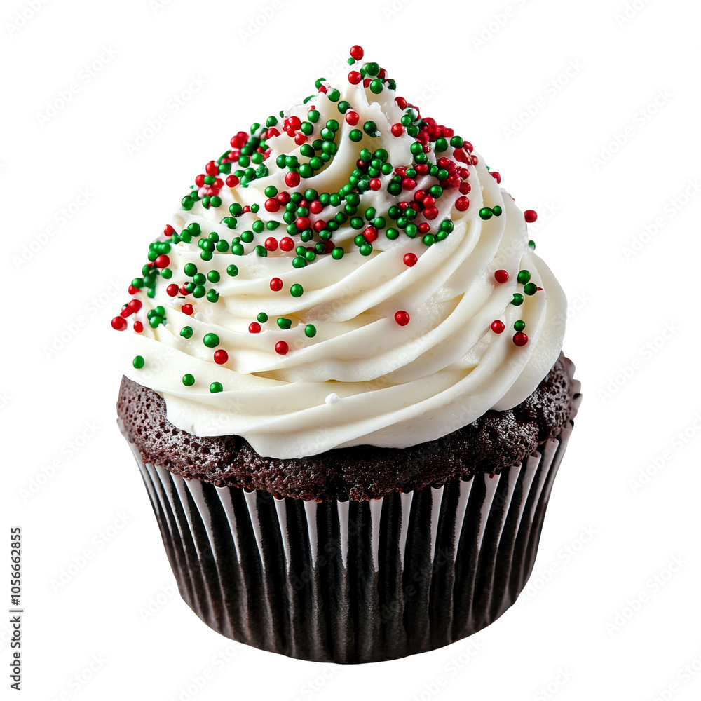 Chocolate cupcake with green and red sprinkles, white frosting, isolated on png transparent background Chocolate cupcake with green and red sprinkles, white frosting, isolated on png transparent background