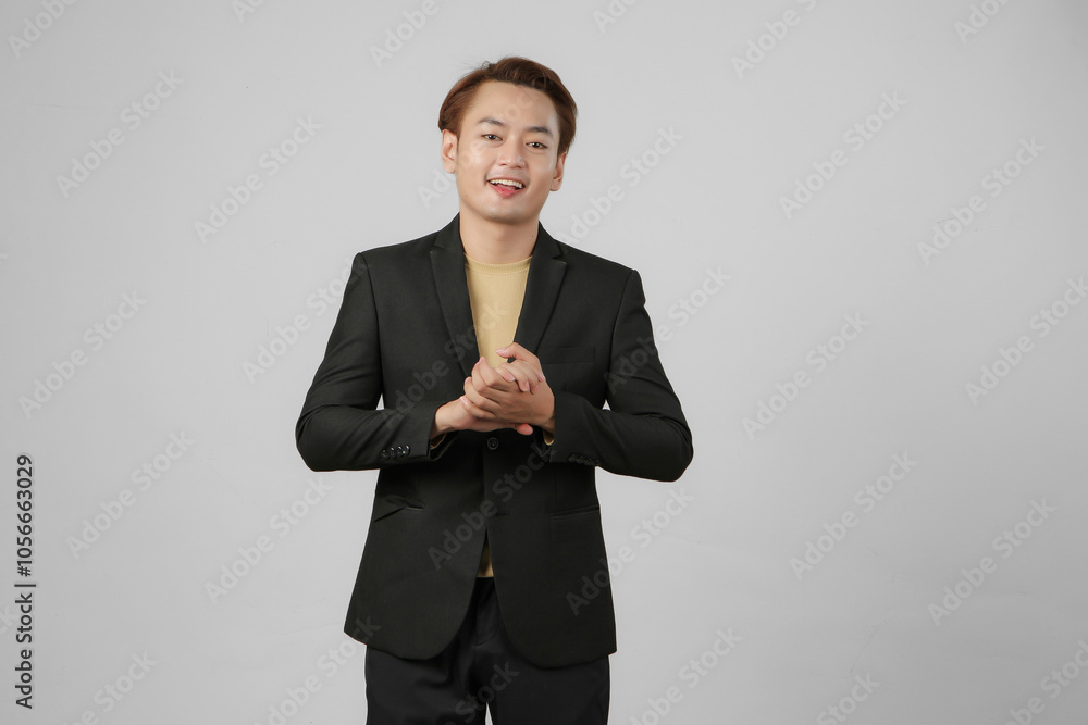 portrait of happy asian businessman wearing suit clapping hand on isolated background. portrait of happy asian businessman wearing suit clapping hand on isolated background.