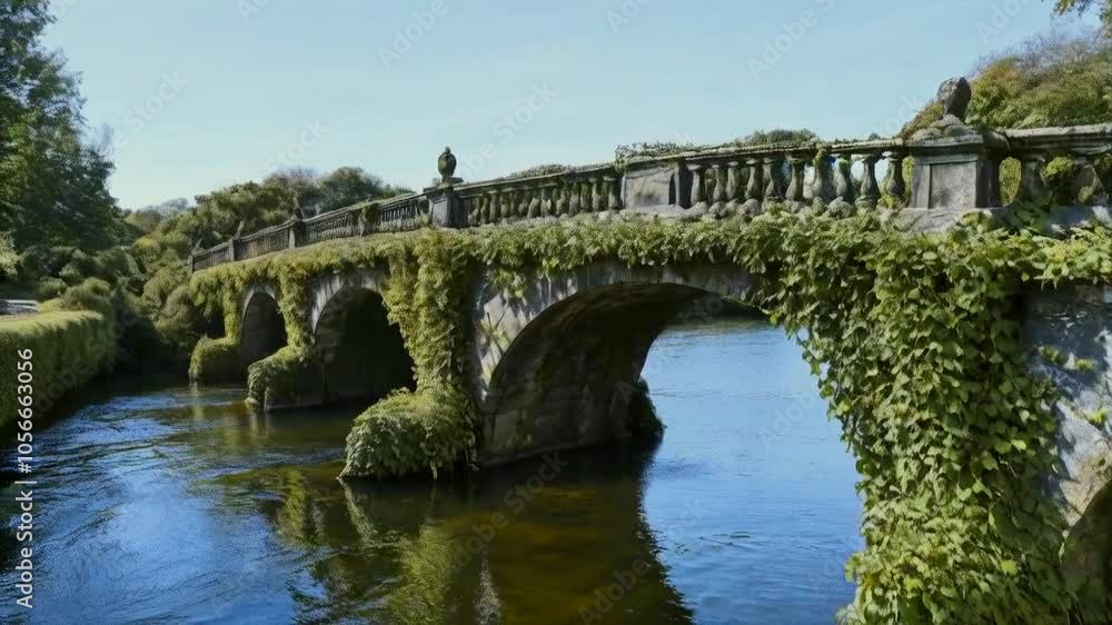 A vine-covered stone bridge arches over a serene river under a clear blue sky. A vine-covered stone bridge arches over a serene river under a clear blue sky.
