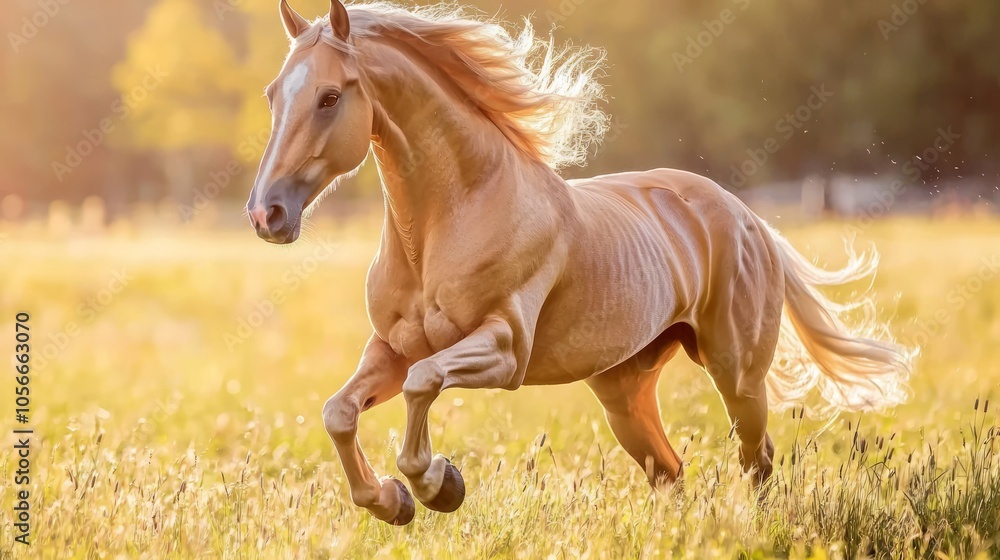 Fototapeta premium Majestic Horse Galloping Through Sunlit Meadow, Exuding Freedom and Grace in Dynamic Movement with Vivid Colors and Ultra-Detailed Features