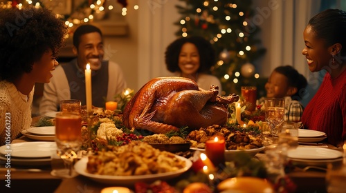 Family dinner with turkey and Christmas decor