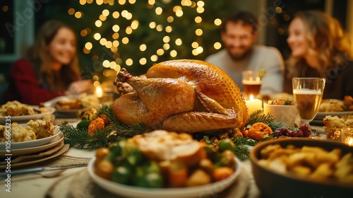 Festive dinner table with roasted turkey.