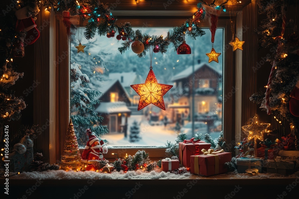 Fototapeta premium Cozy Christmas Window Decorated with Fairy Lights, Garlands, and Star Ornaments, Overlooking a Snowy Evening Landscape with Trees and Houses.