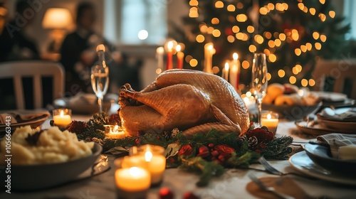 Festive dinner table with roast turkey centerpiece photo