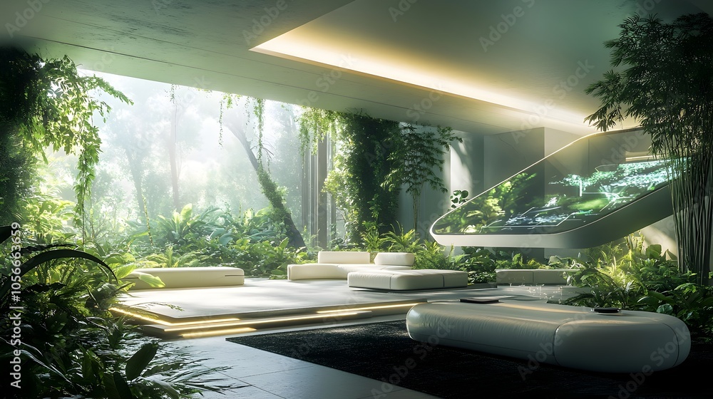 Fototapeta premium Futuristic Living Room Blending Organic and Technological Elements with Sleek Minimalist Design