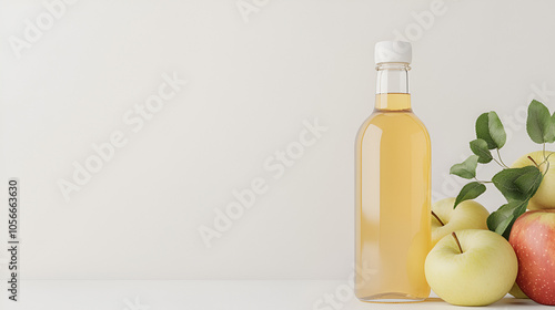 Glass bottle of apple vinegar with fresh apples isolated on a white background