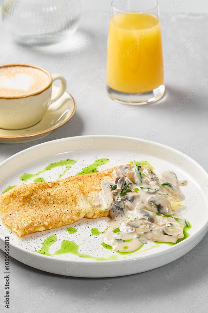 Elegant Mushroom Omelette in Creamy Sauce with Minimalist Styling and Soft Lighting Elegant Mushroom Omelette in Creamy Sauce with Minimalist Styling and Soft Lighting