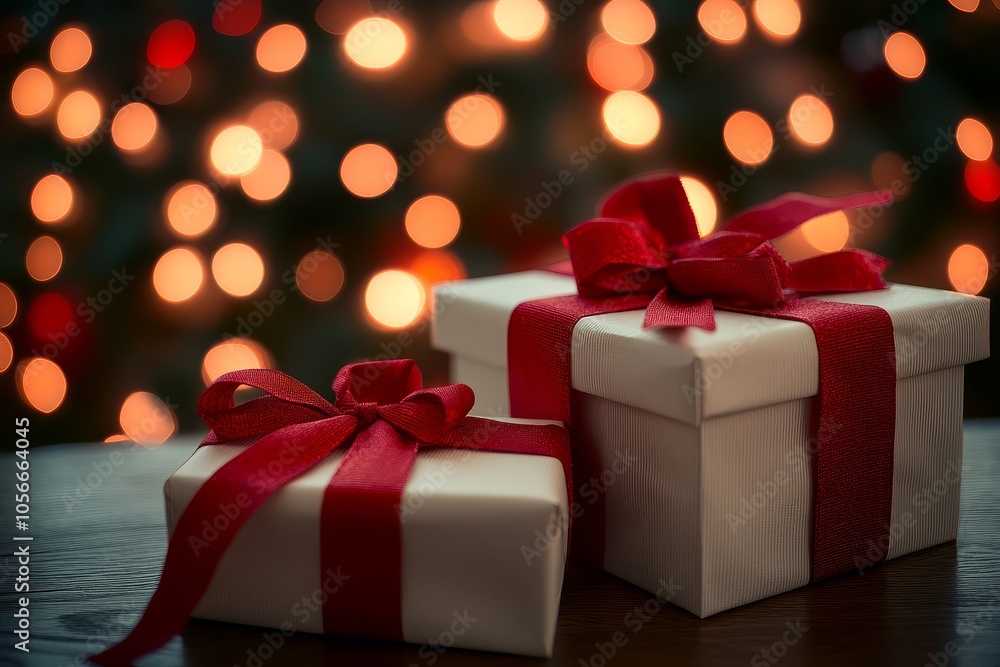 Christmas Gifts with Red Ribbons on Wooden Table, Set Against Blurred Lights Background for a Warm Holiday Atmosphere. Christmas Gifts with Red Ribbons on Wooden Table, Set Against Blurred Lights Background for a Warm Holiday Atmosphere.