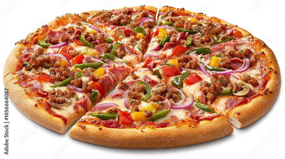 A high-resolution image of a classic pepperoni pizza, expertly cut into six even slices, displayed against a plain white background. The pizza features a thin crust with a lightly golden edge, A high-resolution image of a classic pepperoni pizza, expertly cut into six even slices, displayed against a plain white background. The pizza features a thin crust with a lightly golden edge,