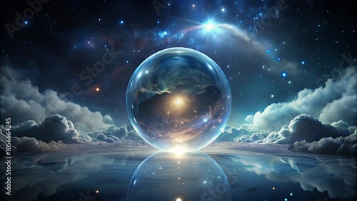 A celestial sphere, a reflection of the cosmos, captured amidst a sea of clouds, illuminated by the distant glow of a galaxy