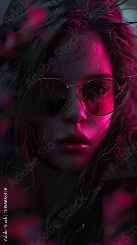 Close-up Portrait of a Woman in Sunglasses with Pink Lighting